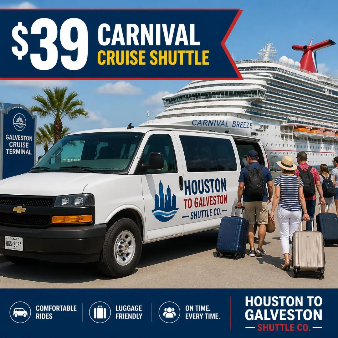 The $39 Carnival cruise shuttle from Houston arriving at the Galveston cruise terminal beside the Carnival Breeze