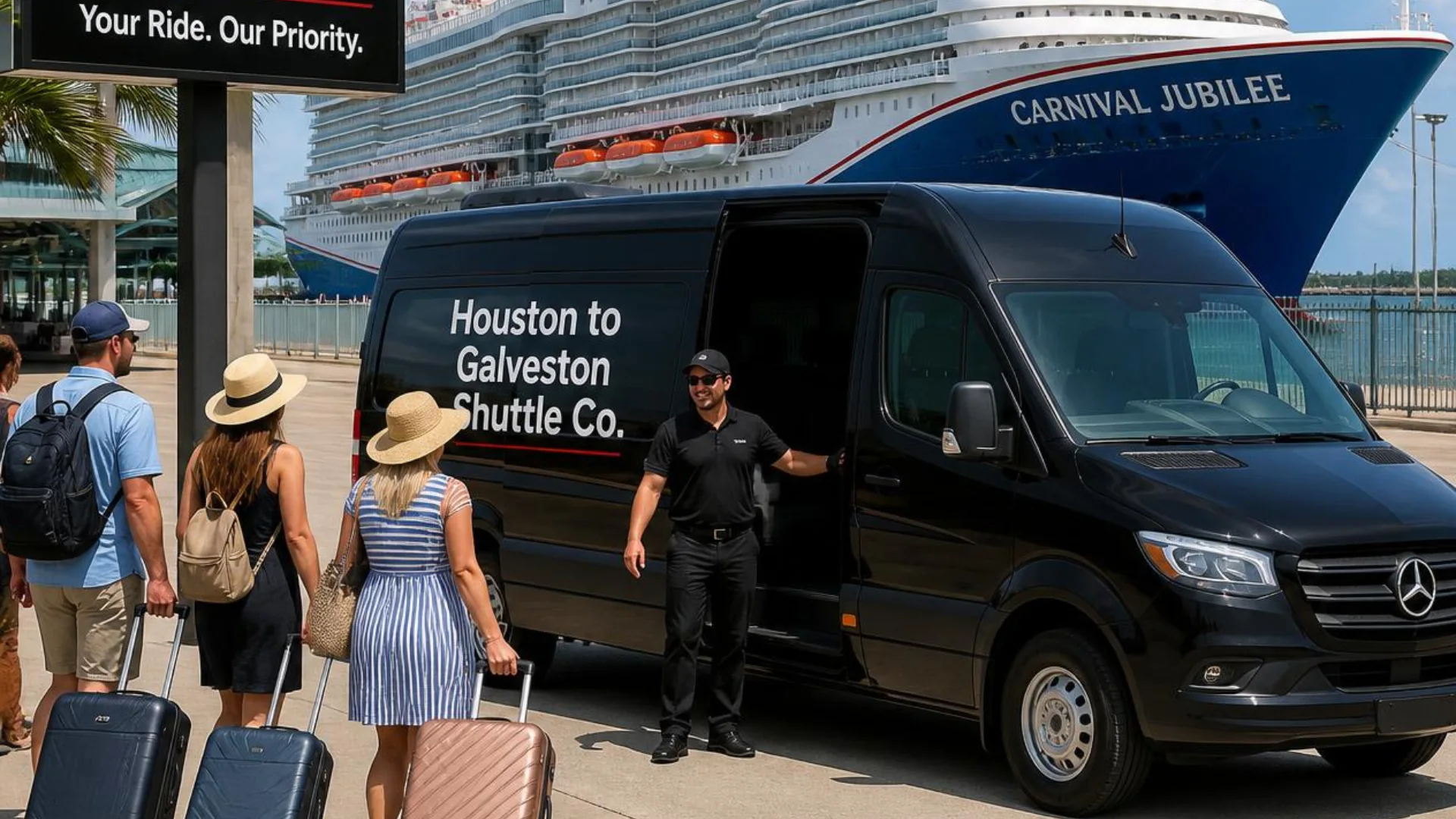 Carnival cruise shuttle passengers boarding a Houston to Galveston Shuttle Co. van beside the Carnival Jubilee at Galveston
