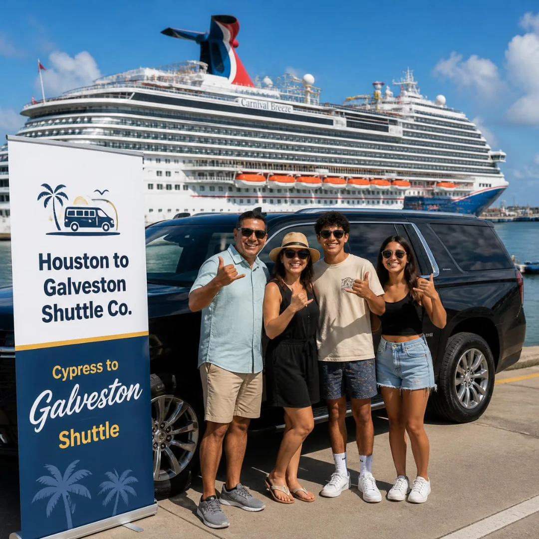 A family of four beside a black Houston to Galveston Shuttle Co. SUV at the Galveston cruise port