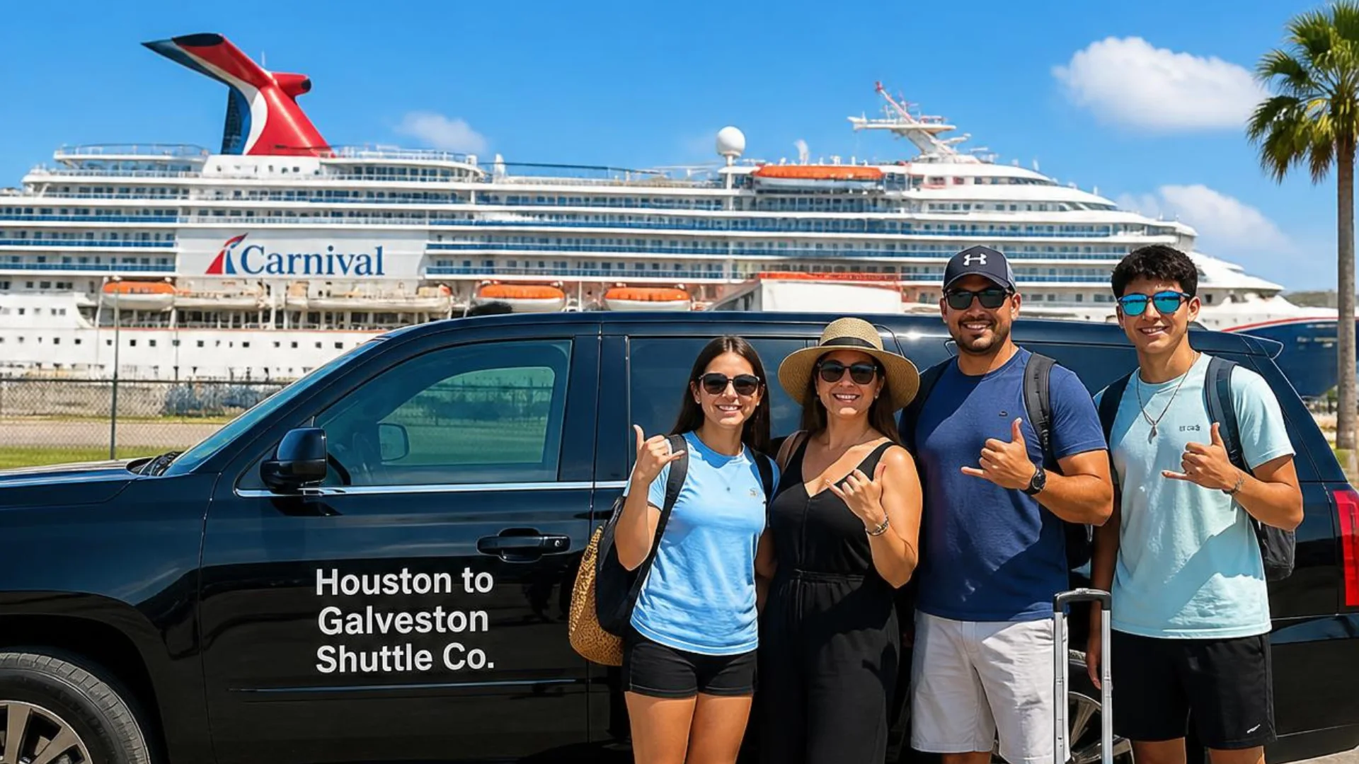 A family of four beside a black Houston to Galveston Shuttle Co. Suburban at the Galveston cruise port