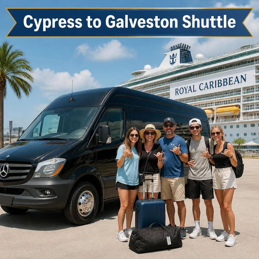 Cruise passengers with luggage beside a black Houston to Galveston Shuttle Co. Sprinter van at the Galveston cruise port