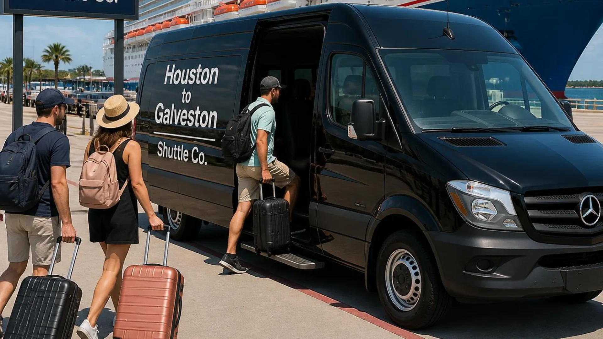 Disney cruise passengers boarding a black Houston to Galveston Shuttle Co. Sprinter at the Galveston terminal