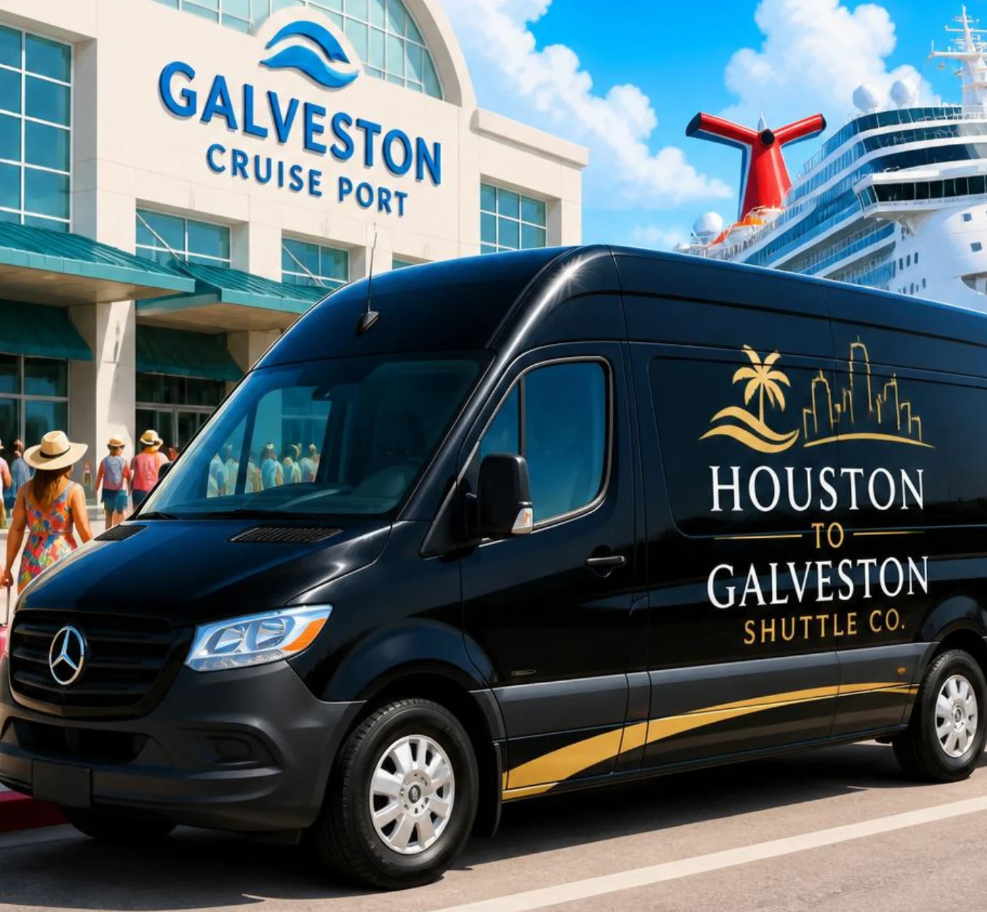 Cruise passengers with luggage walking to the Galveston Cruise Port terminal past a Houston to Galveston Shuttle Co. Sprinter