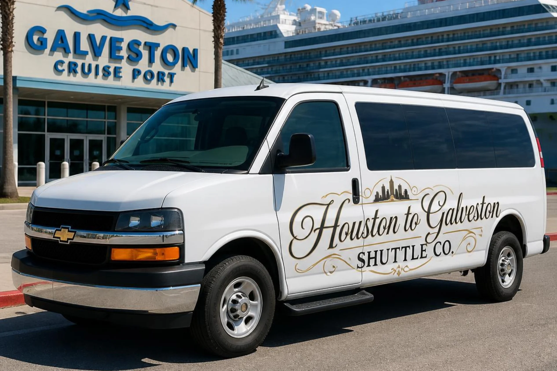 Galveston cruise port shuttle van parked at the Galveston Cruise Port terminal entrance with a cruise ship docked behind
