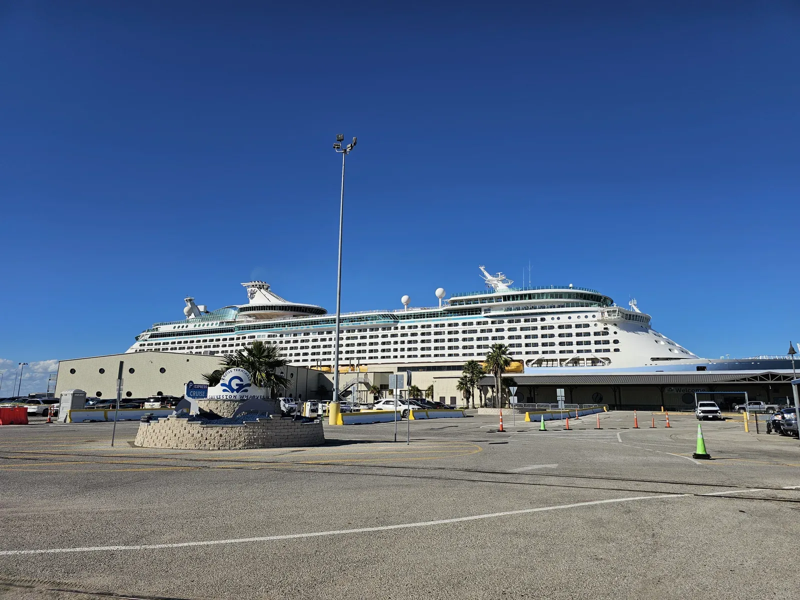 Cruise ship docked alongside the Galveston Wharves cruise terminal