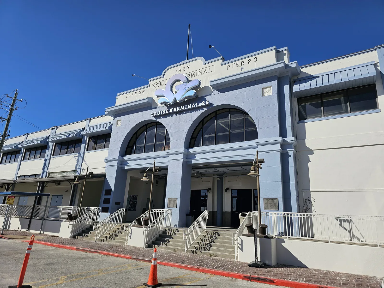 Cruise Terminal 25 arched entrance and check-in doors at the Port of Galveston