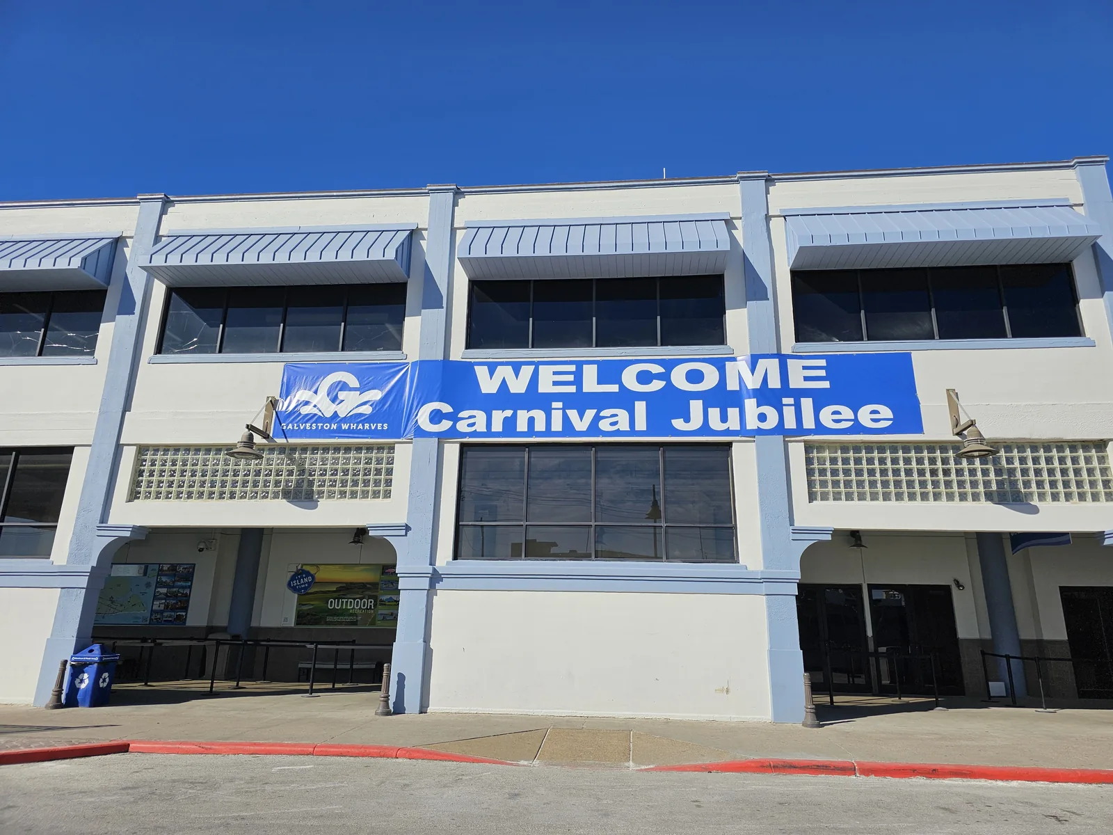Welcome Carnival Jubilee banner at Galveston Cruise Terminal 25