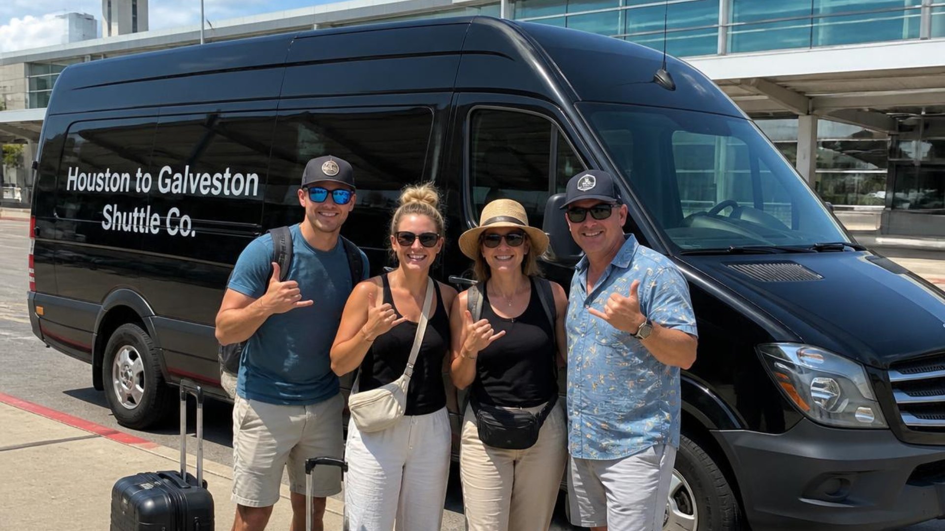 Cruise passengers with luggage beside a Houston to Galveston Shuttle Co. shared Sprinter van at George Bush Intercontinental