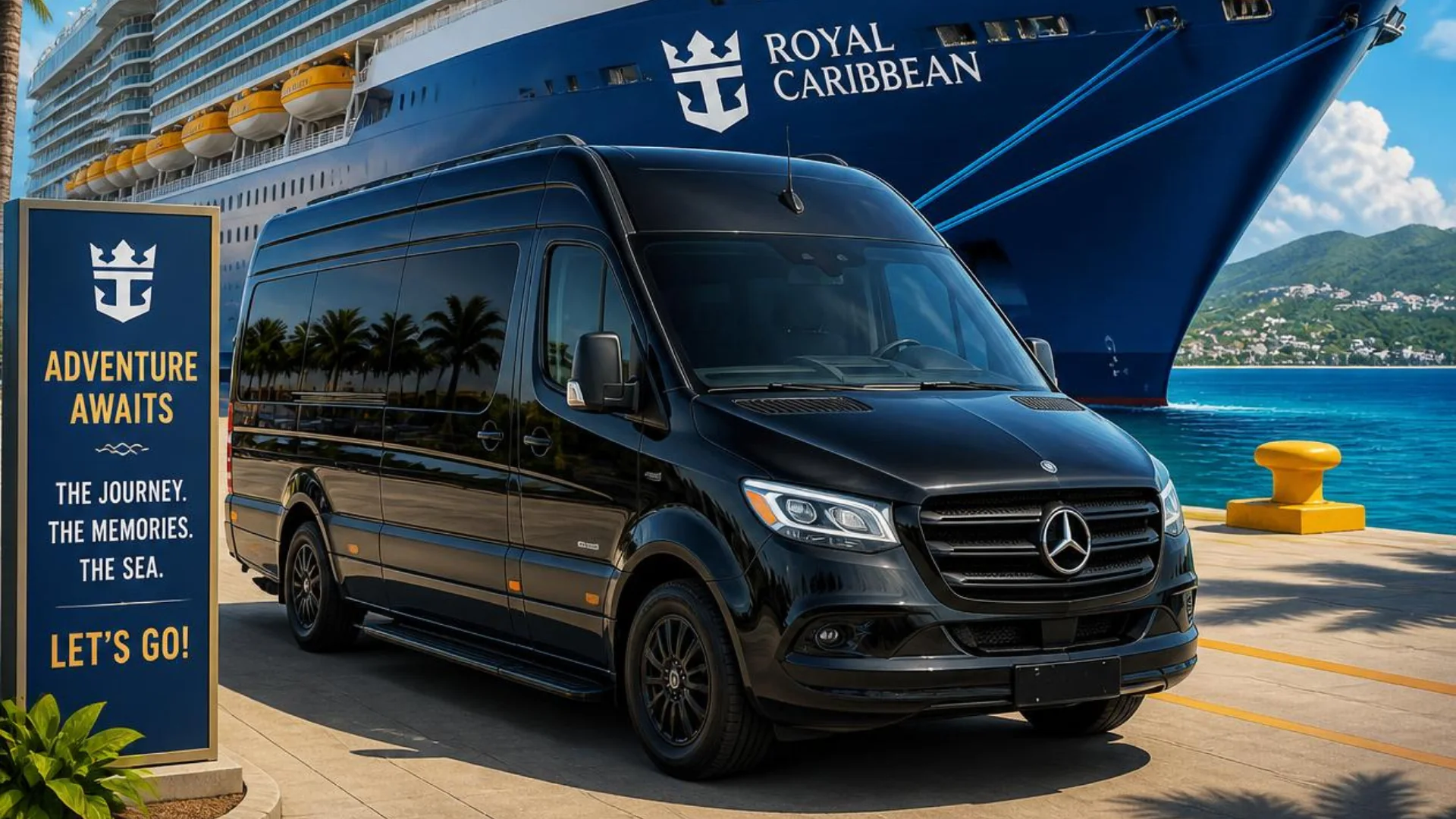 Houston to Galveston Shuttle Co. black Mercedes Sprinter van
