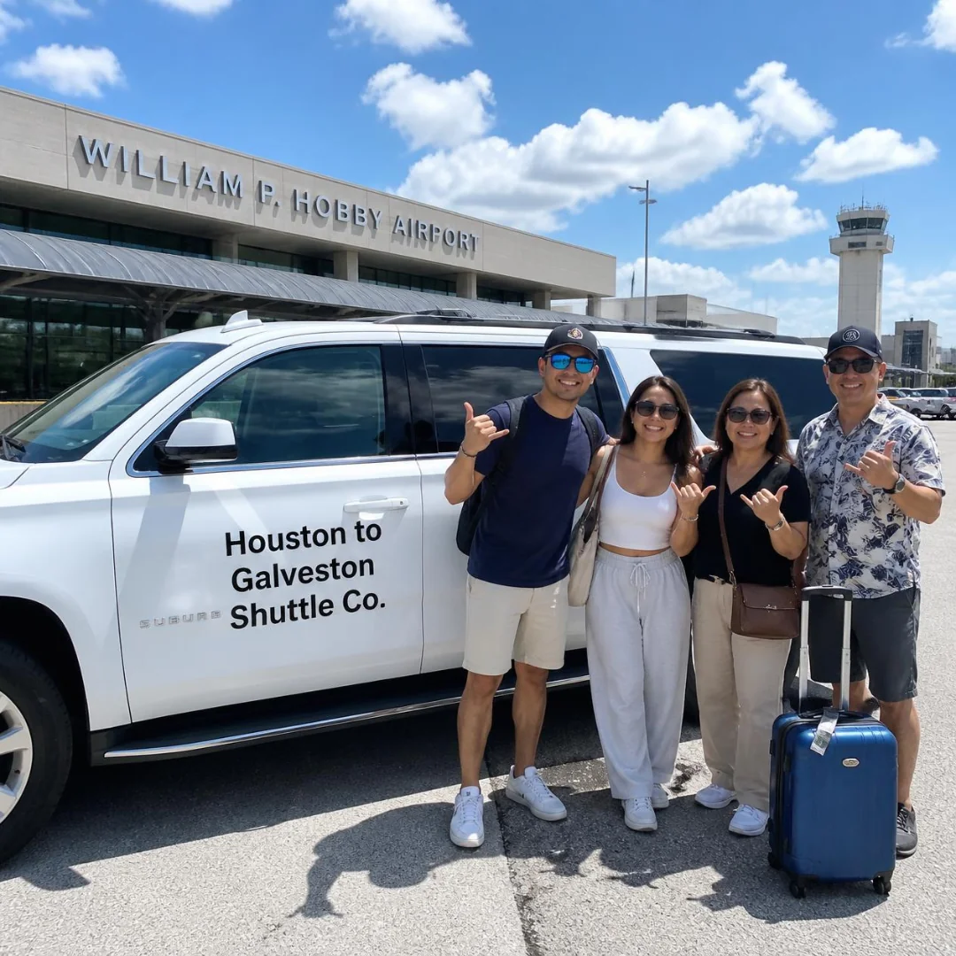 A family with luggage beside a Houston to Galveston Shuttle Co. Suburban at William P. Hobby Airport