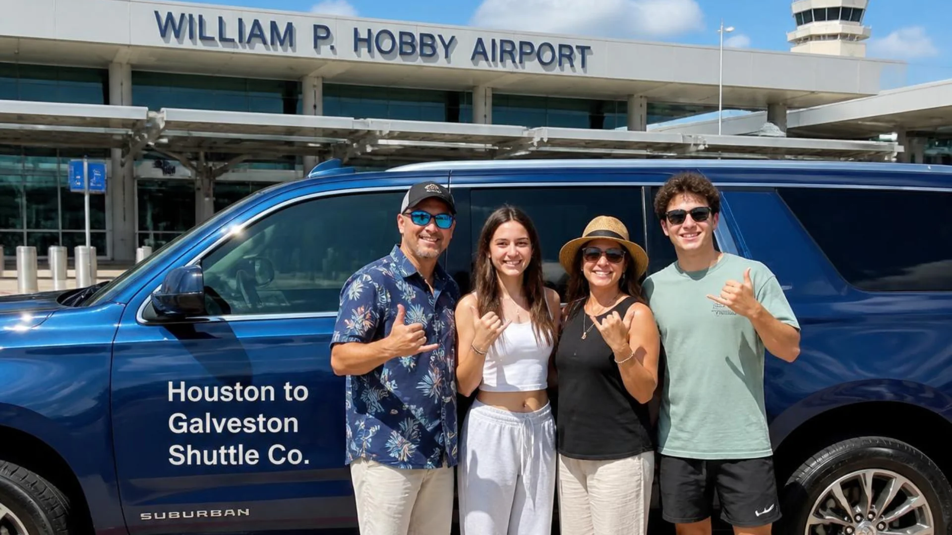 A family beside a Houston to Galveston Shuttle Co. Suburban outside William P. Hobby Airport
