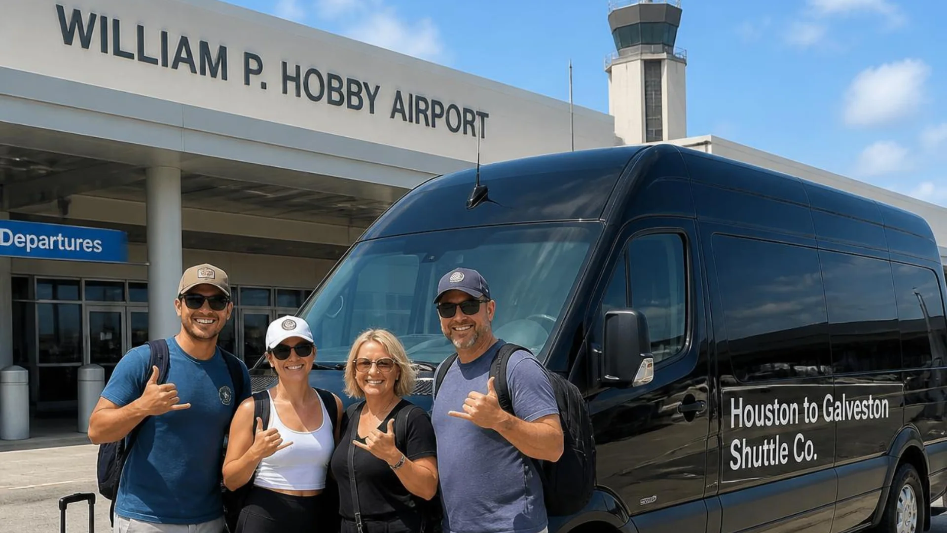 Passengers beside a Houston to Galveston Shuttle Co. black Sprinter van at William P. Hobby Airport Departures