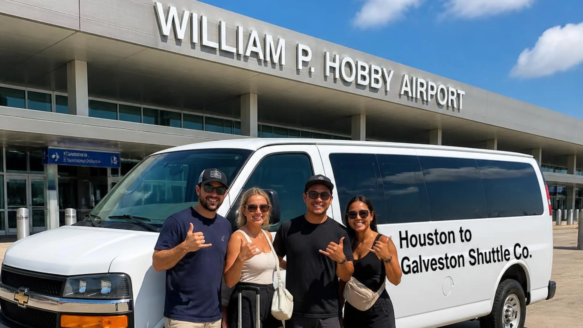 Cruise passengers with a Houston to Galveston Shuttle Co. shared van outside William P. Hobby Airport