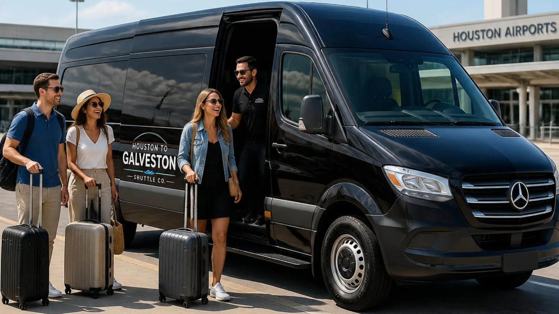 Houston airport shuttle driver meeting cruise passengers beside a black Sprinter van bound for Galveston