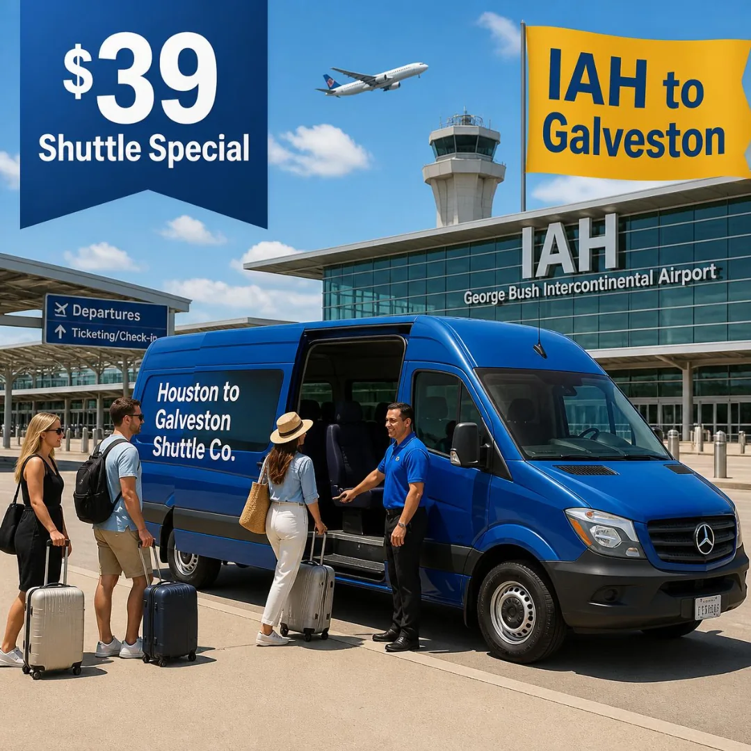 Cruise passengers with suitcases boarding a Houston to Galveston Shuttle Co. shared van at George Bush Intercontinental