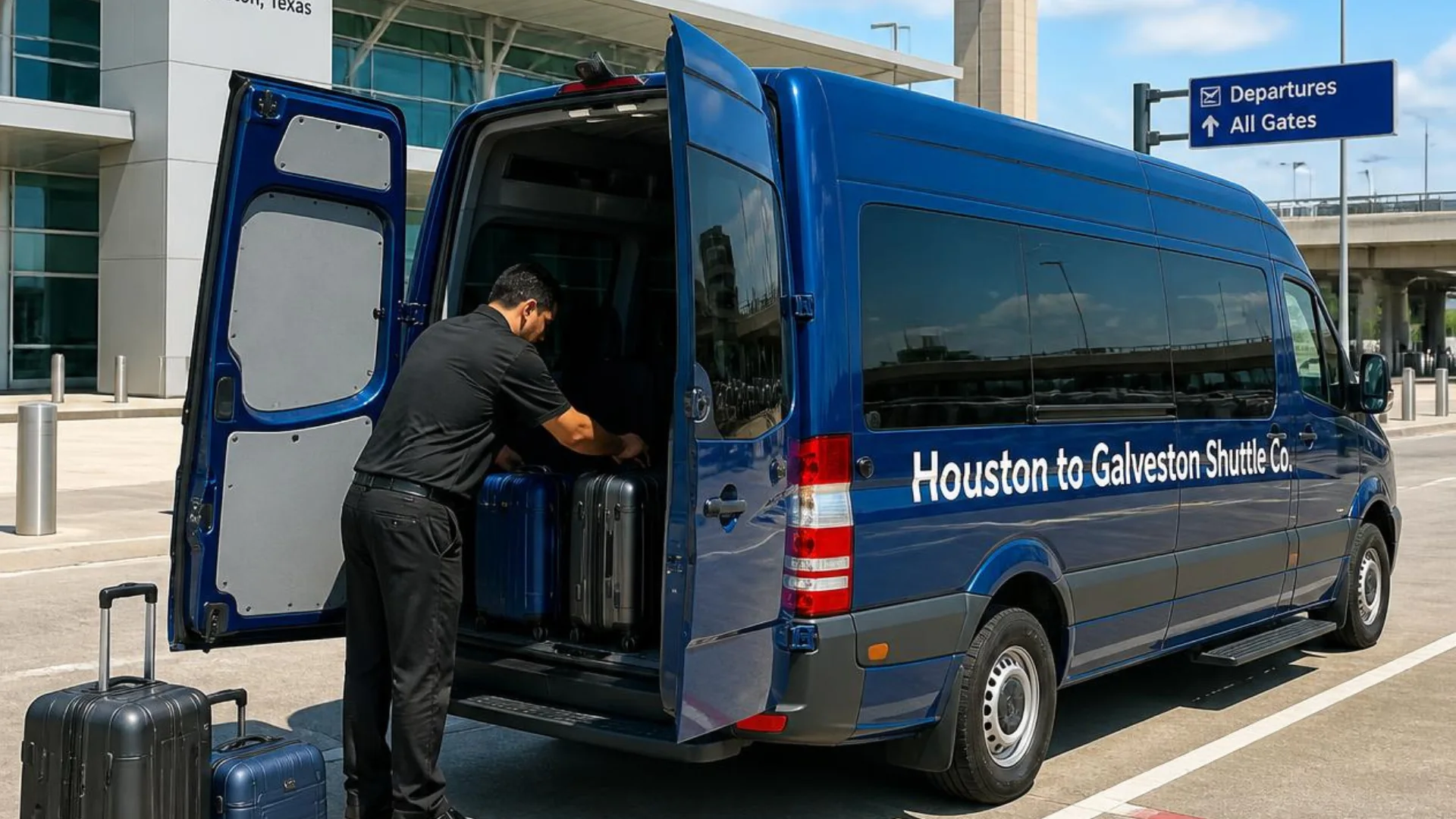Houston to Galveston Shuttle Co. driver loading suitcases into a shuttle van