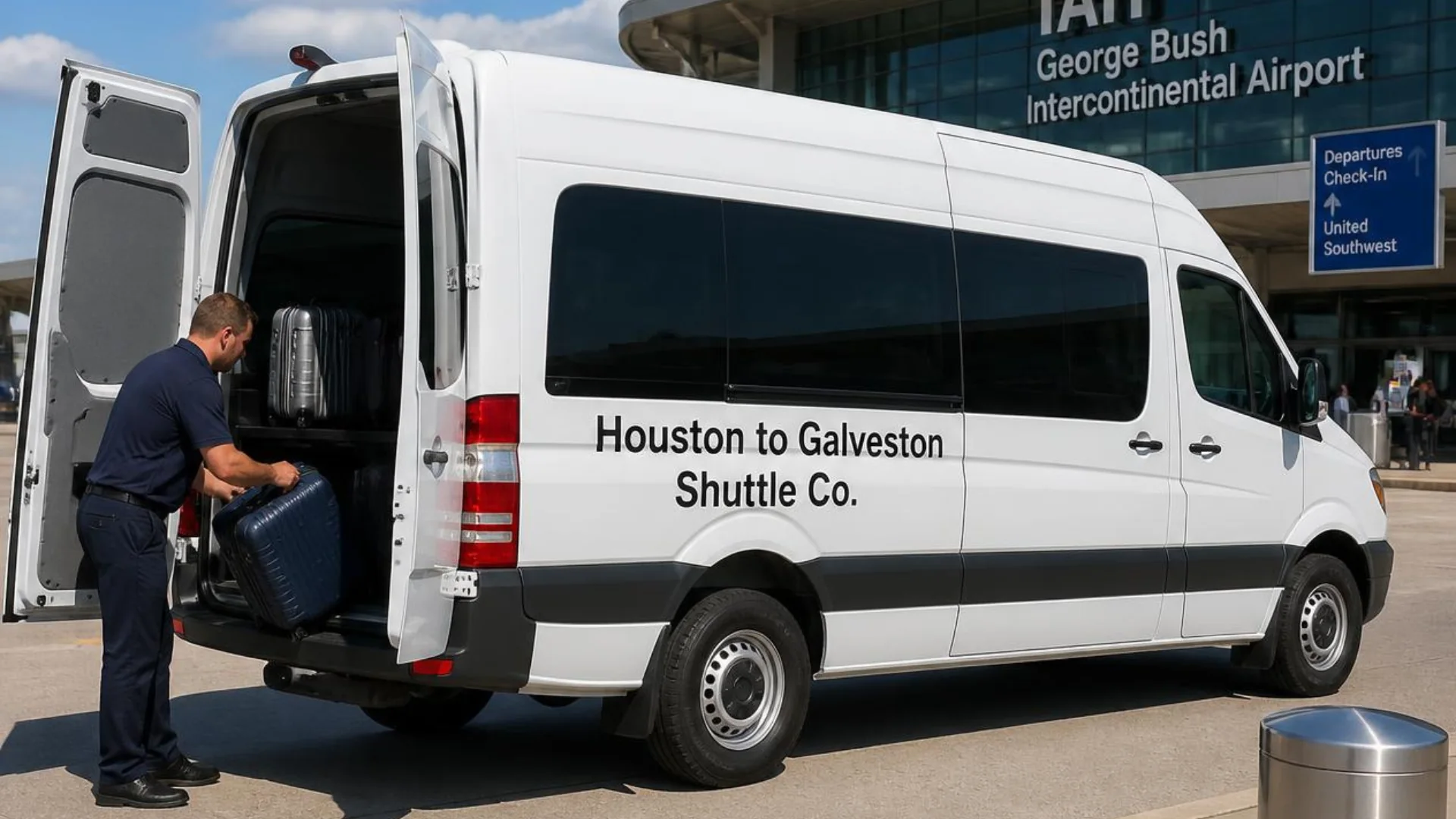 A Houston to Galveston Shuttle Co. driver loading a suitcase into a white Sprinter shuttle van outside the IAH George Bush
