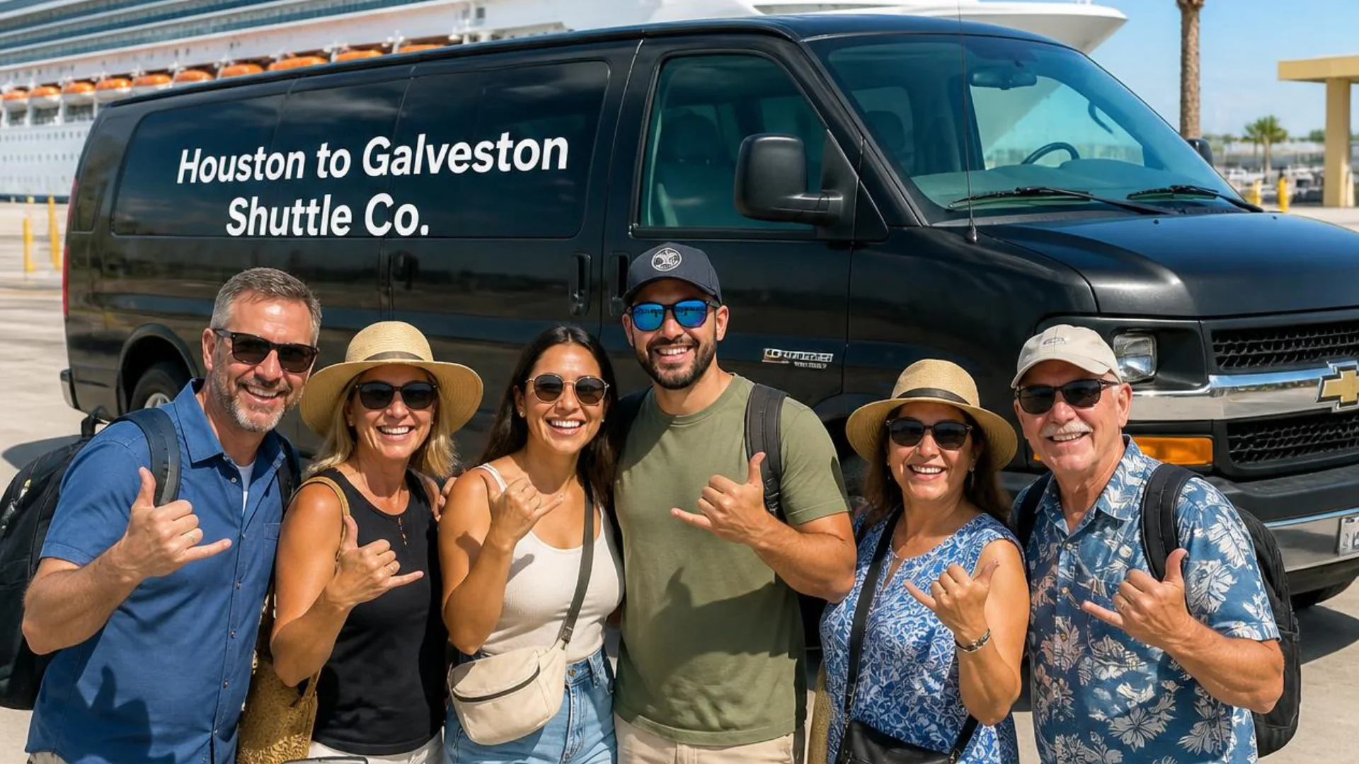 A group of six cruise passengers beside a black Houston to Galveston Shuttle Co. van at the Port of Galveston cruise terminal