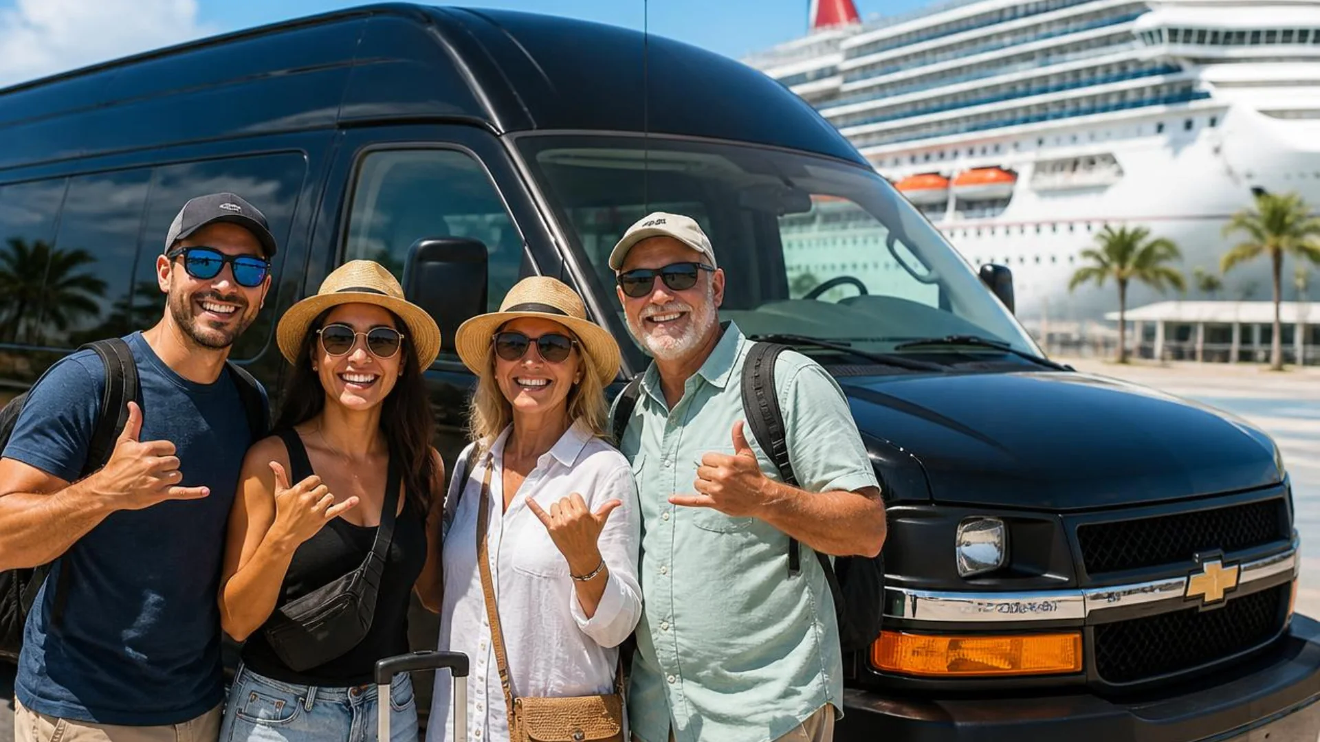 Cruise passengers meeting a black Houston to Galveston Shuttle Co. van at the Galveston cruise port