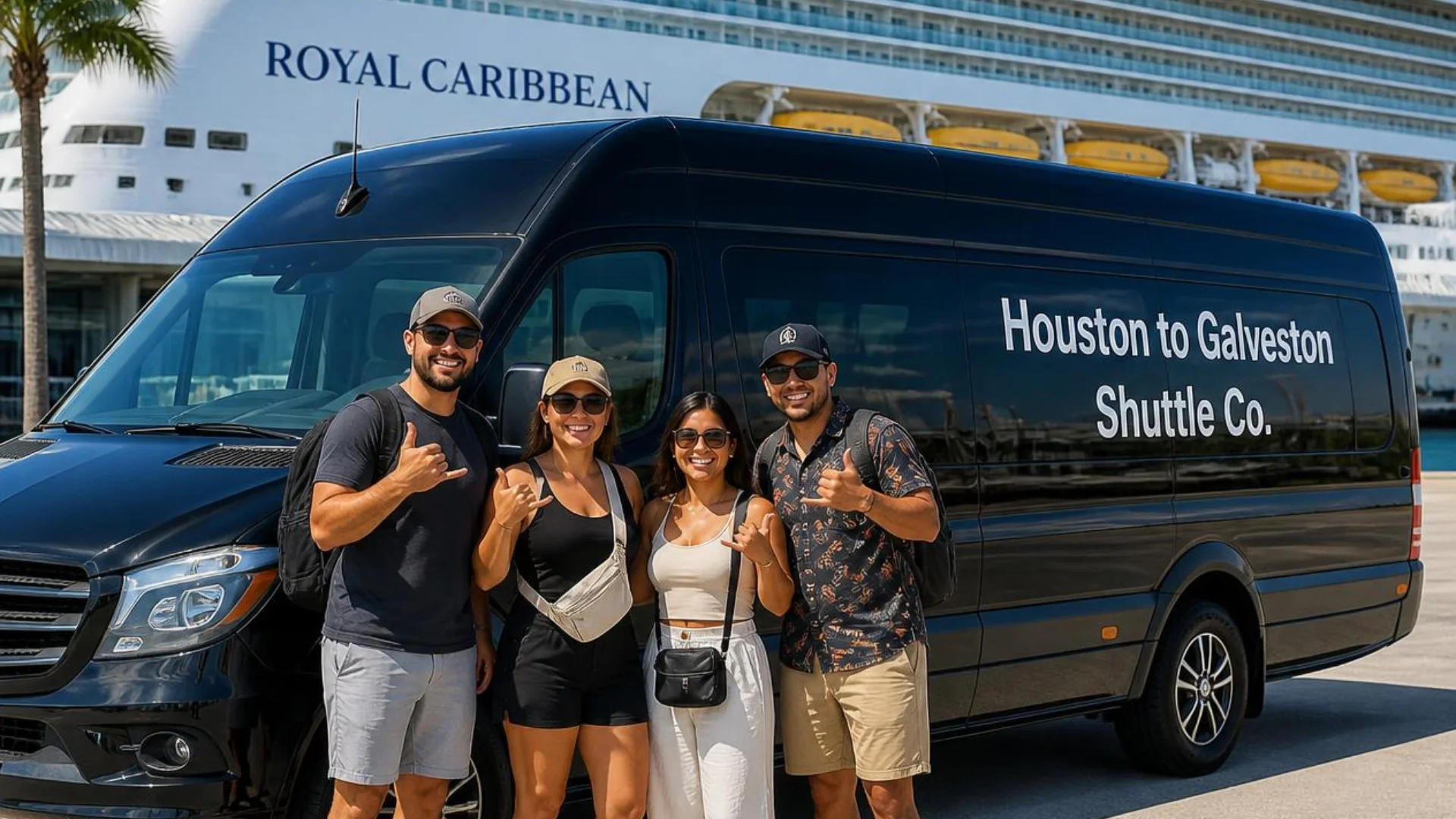 Houston to Galveston Shuttle Co. black Sprinter van at the Galveston cruise port beside a Royal Caribbean ship