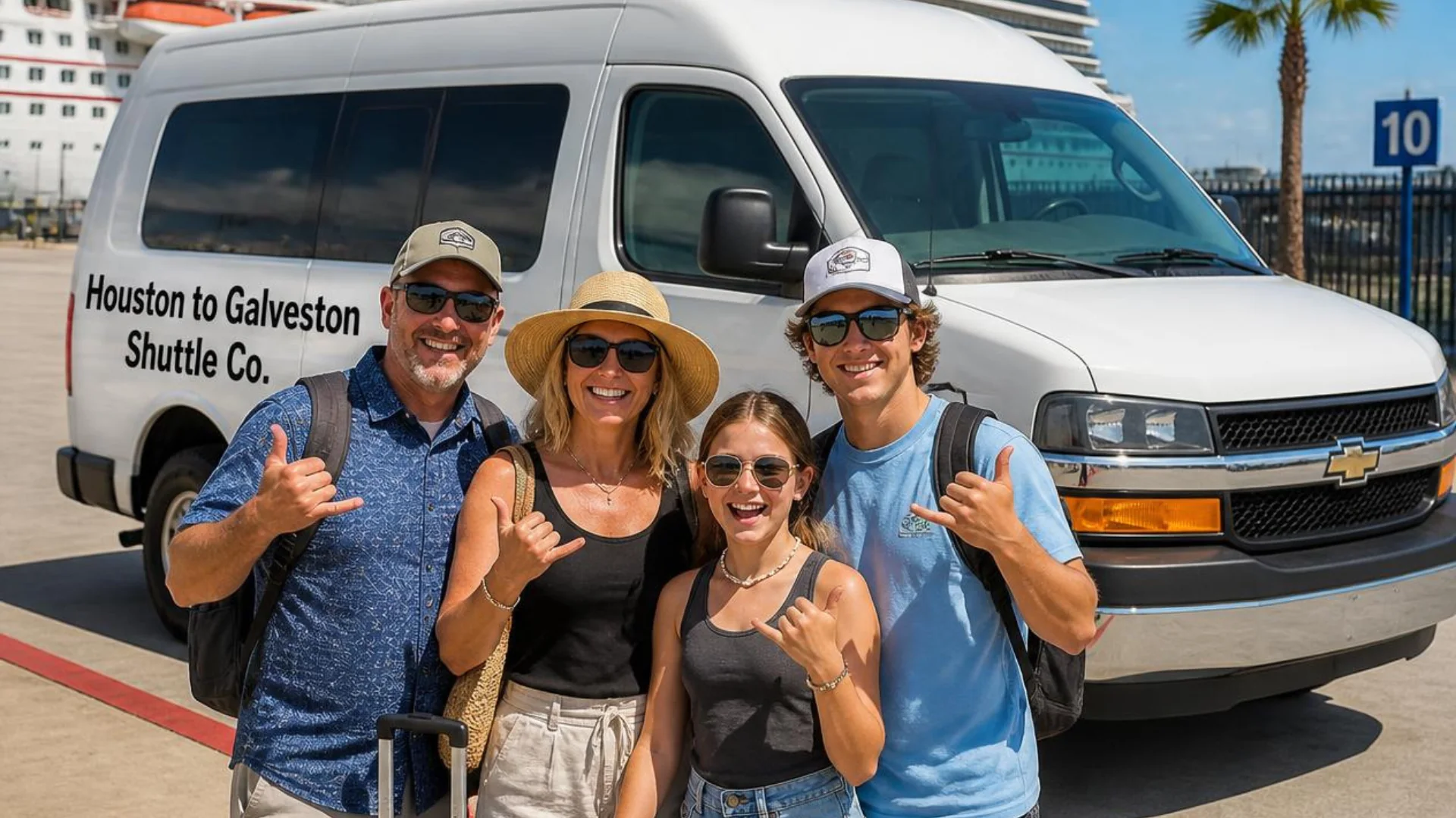 Cruise passengers beside a Houston to Galveston Shuttle Co. van at Galveston Cruise Terminal 10 pickup zone