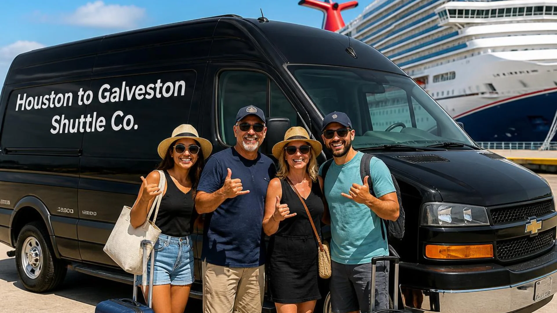 Four passengers beside a black Houston to Galveston Shuttle Co. van at the Galveston cruise terminal