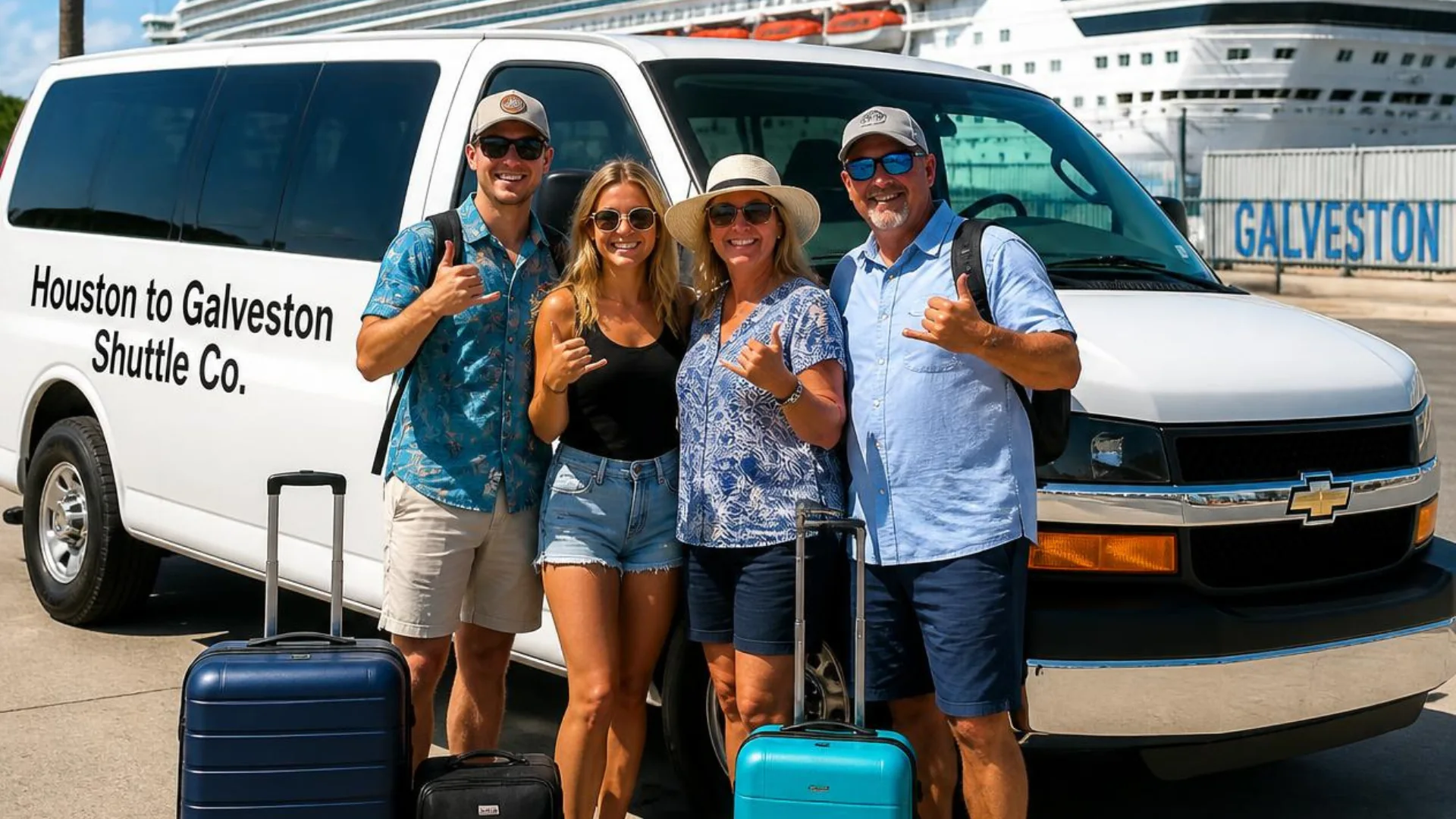 A family of four beside a white Houston to Galveston Shuttle Co. shared van at the Galveston cruise terminal