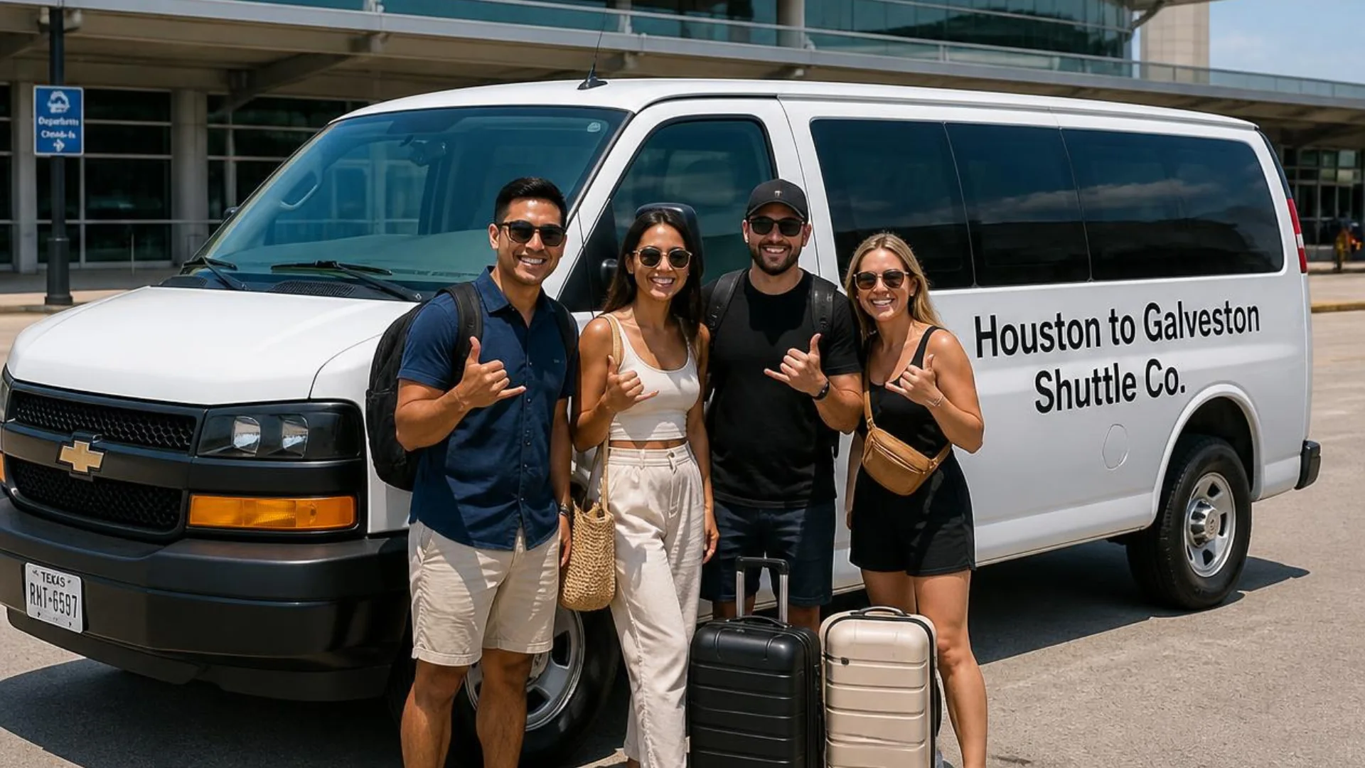 Four cruise passengers with suitcases beside a white Houston to Galveston Shuttle Co. shared van