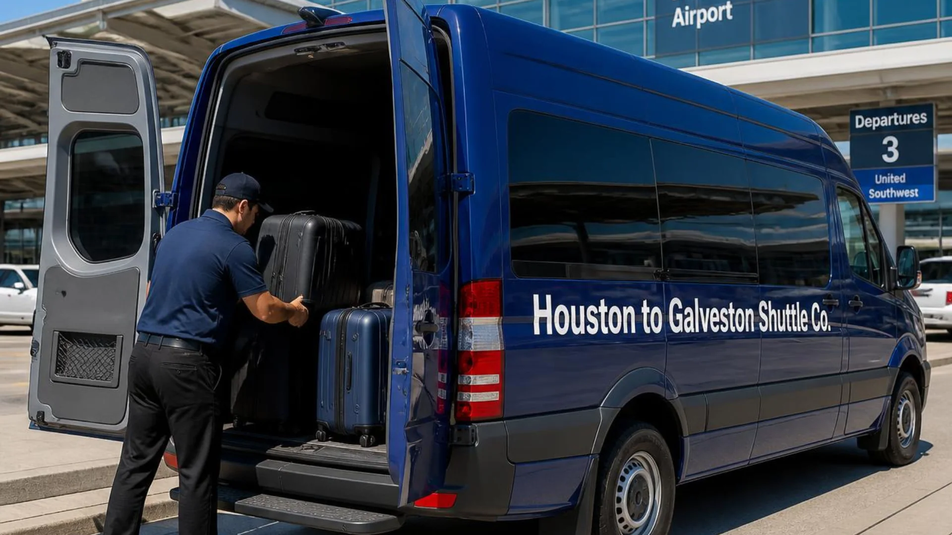 Houston to Galveston Shuttle Co. driver loading suitcases into a shuttle van at the Houston airport departures curb