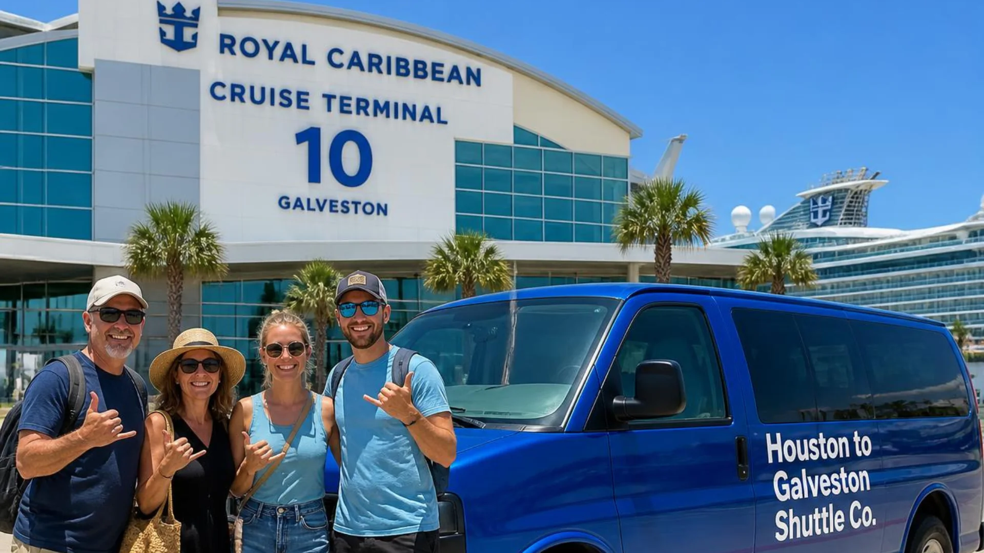 Four cruise passengers beside a Houston to Galveston Shuttle Co. van outside Royal Caribbean Cruise Terminal 10 in Galveston