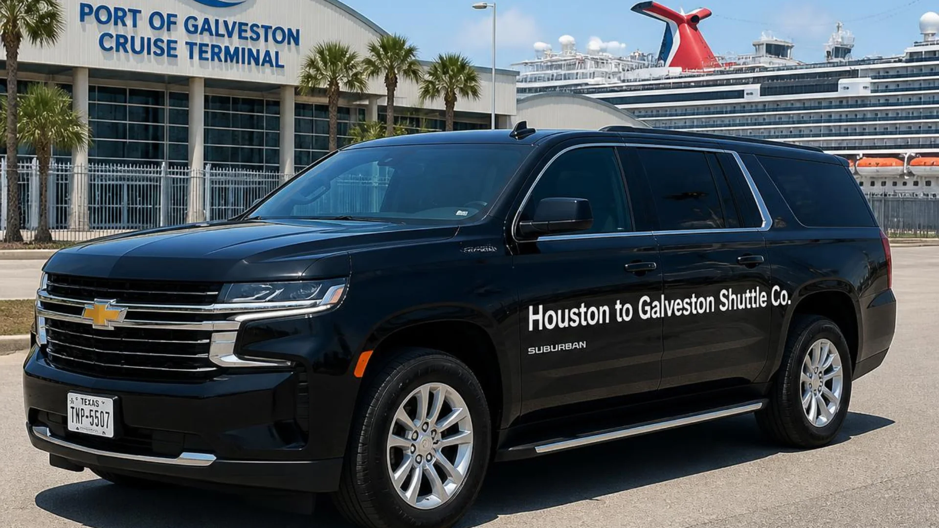 Black Houston to Galveston Shuttle Co. Suburban at the Port of Galveston cruise terminal