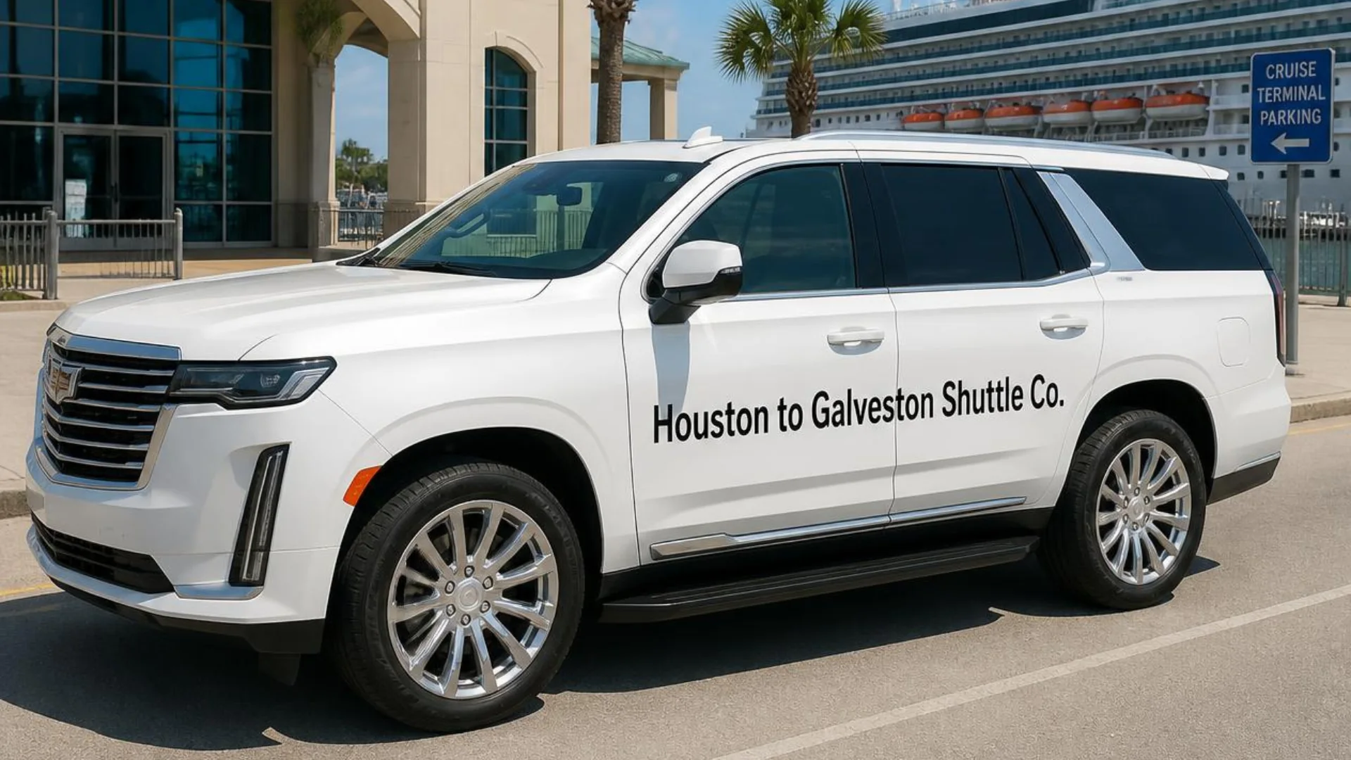 Houston to Galveston Shuttle Co. white private SUV beside the Galveston cruise terminal parking sign