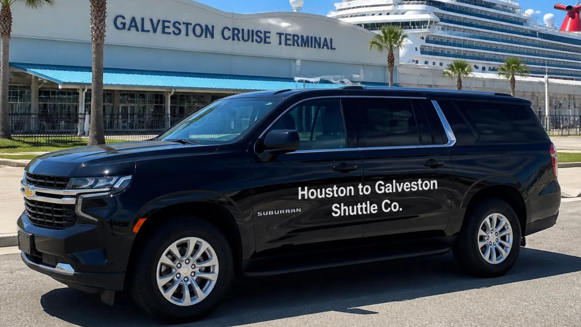 Houston to Galveston Shuttle Co. black Chevrolet Suburban waiting outside the Galveston Cruise Terminal