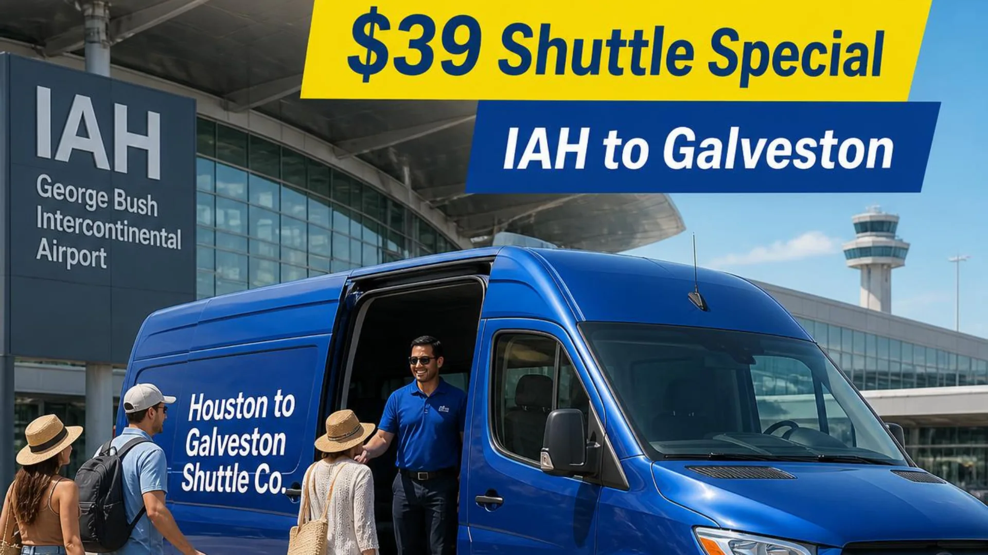 Cruise passengers boarding a Houston to Galveston Shuttle Co. shared van at the IAH terminal curb