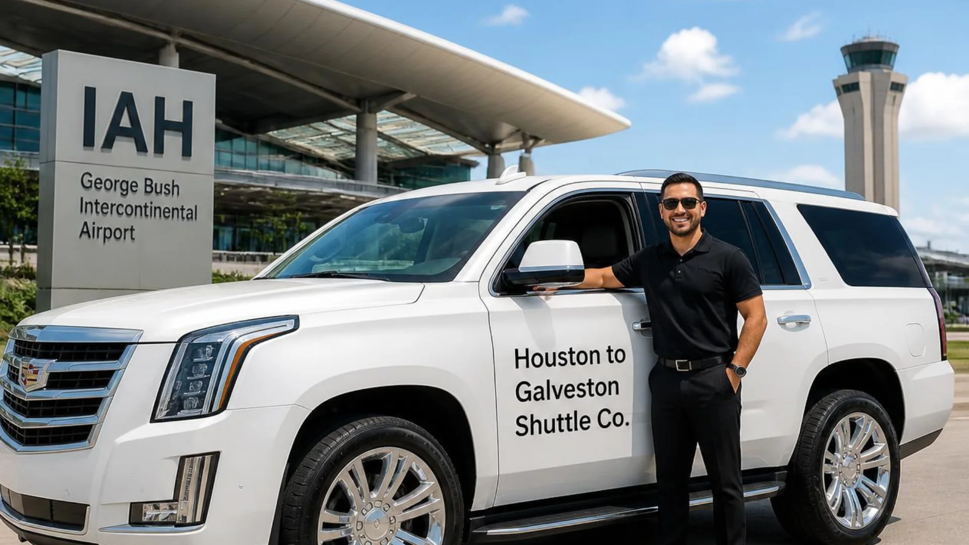 Houston to Galveston Shuttle Co. driver beside a white private SUV at the IAH George Bush Intercontinental Airport pickup