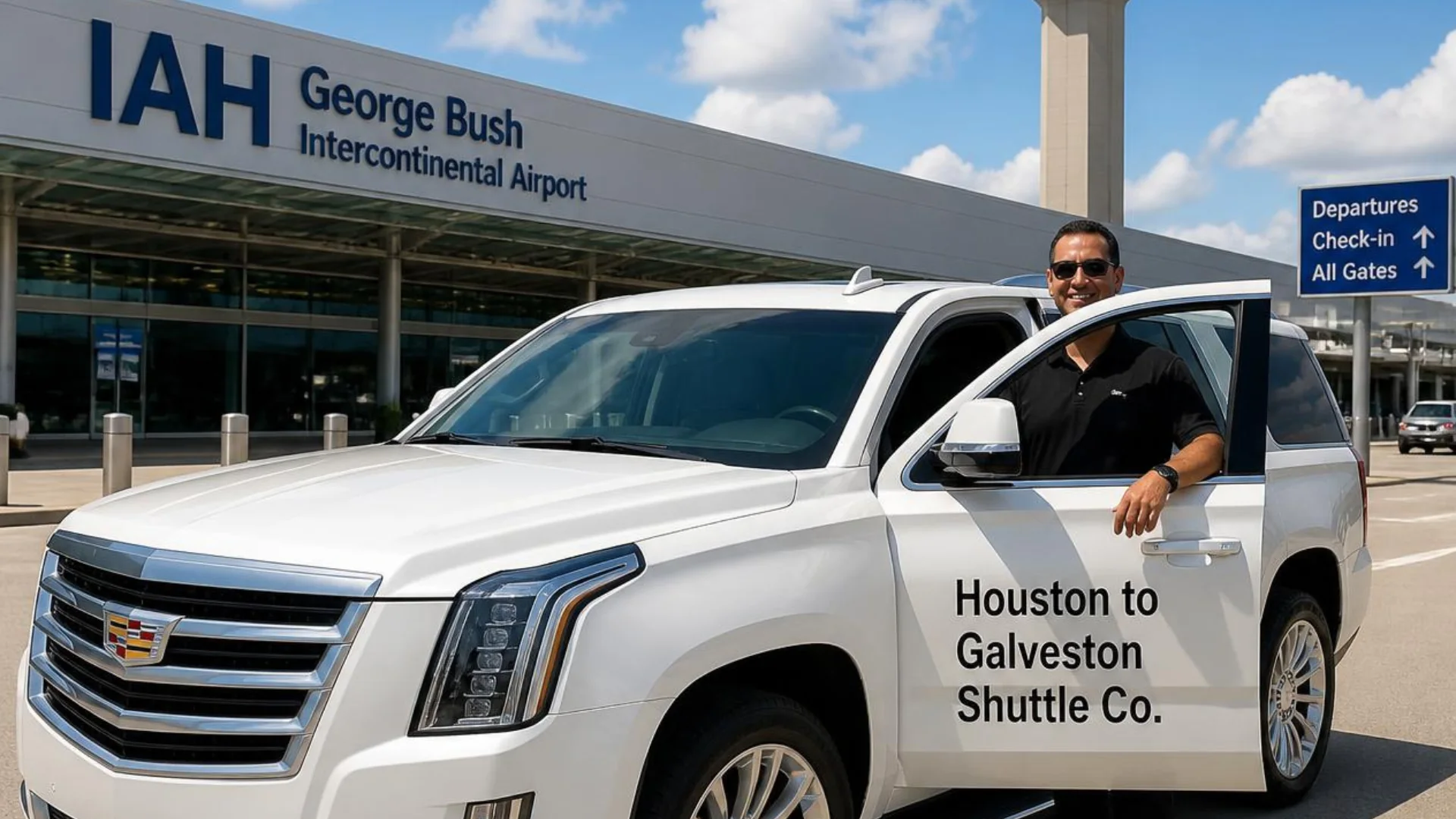 Houston to Galveston Shuttle Co. driver holding open the door of a white private SUV at George Bush Intercontinental Airport