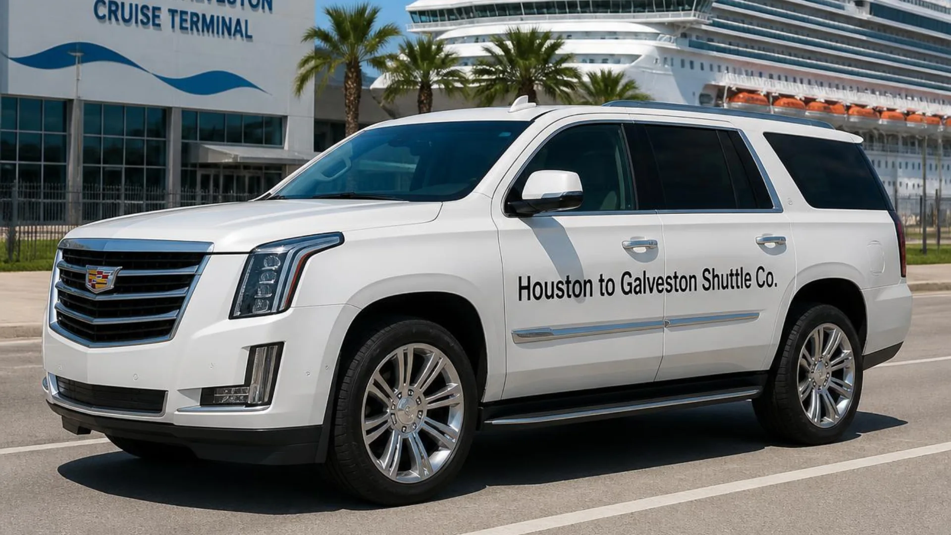 Houston to Galveston Shuttle Co. white Cadillac Escalade parked at the Galveston cruise terminal