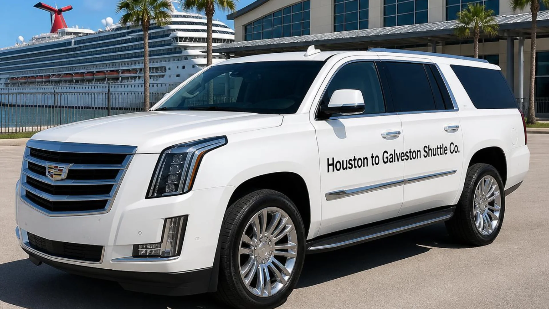 Houston to Galveston Shuttle Co. white private SUV at the Galveston cruise terminal with a cruise ship alongside