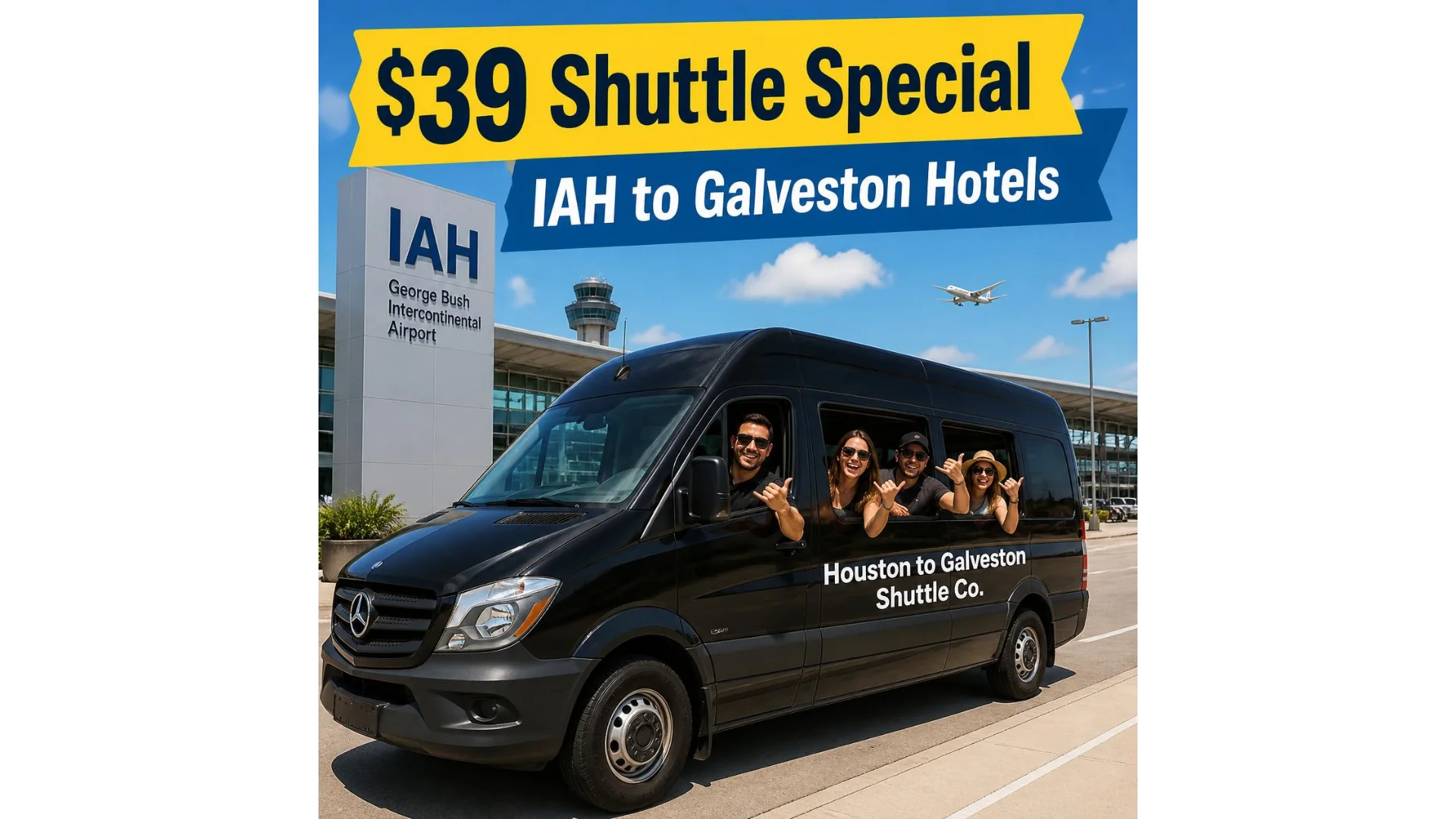 Black Houston to Galveston Shuttle Co. Sprinter at IAH serving the $39 shuttle to Galveston seawall hotels