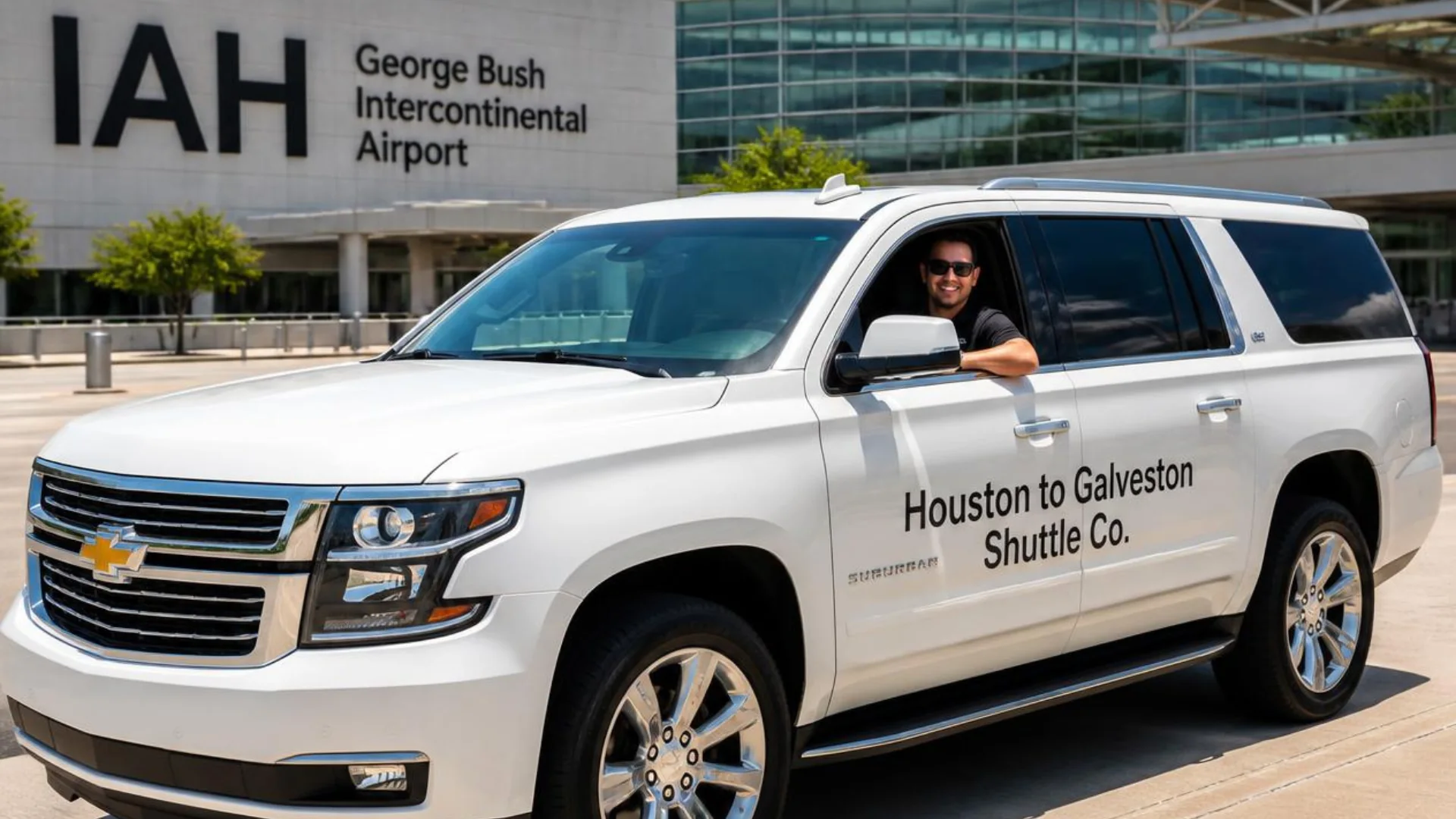 Houston to Galveston Shuttle Co. driver in a white private Suburban waiting at the George Bush Intercontinental Airport curb