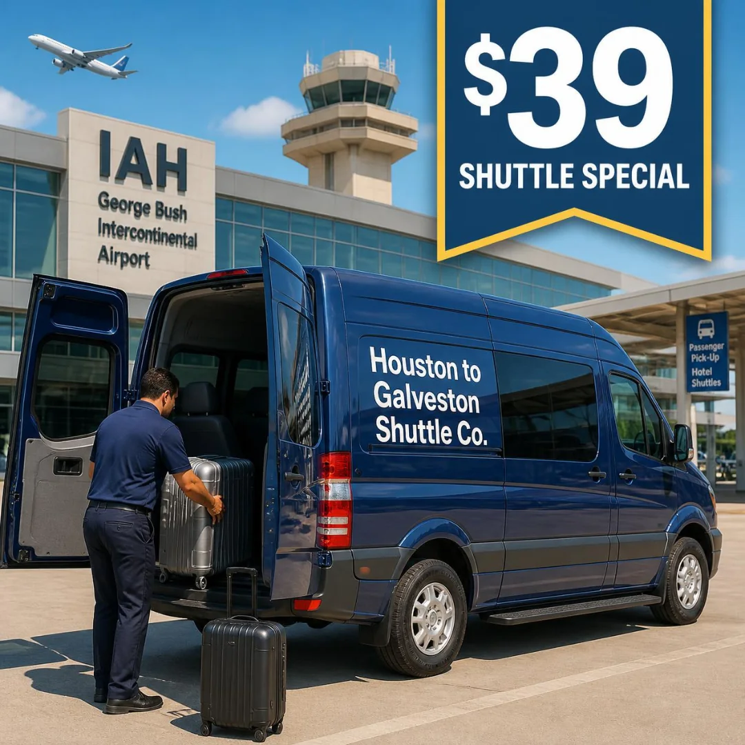 Luggage being loaded into a Houston to Galveston Shuttle Co. shared van at IAH for the $39 seat to the Galveston cruise port