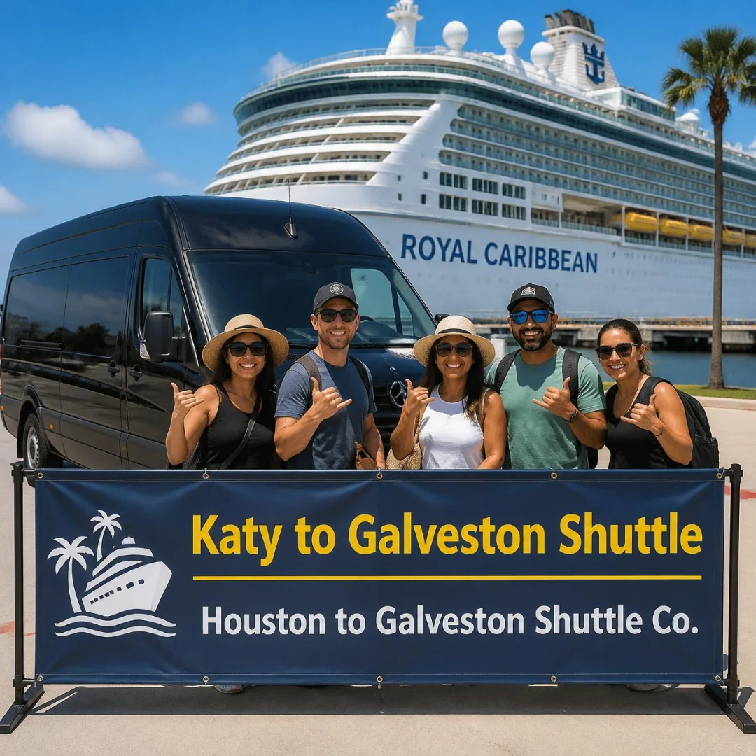 Five cruise passengers beside a black Houston to Galveston Shuttle Co. Sprinter at the Galveston cruise terminal