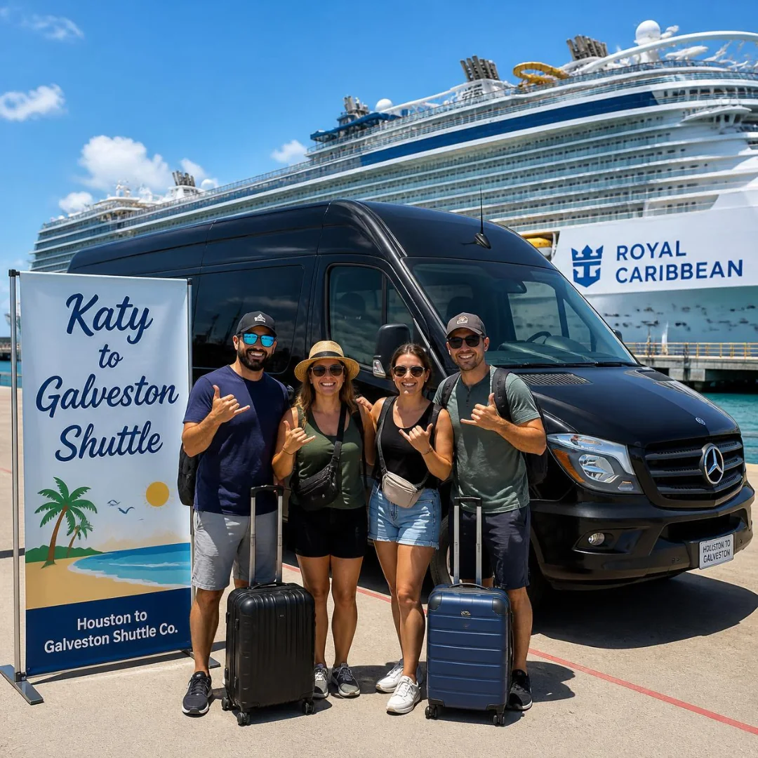 Four cruise passengers with suitcases beside a black Houston to Galveston Shuttle Co. Sprinter van at the Galveston cruise