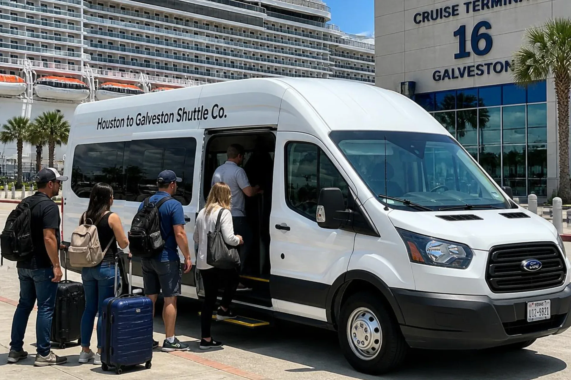 Cruise passengers boarding a white Houston to Galveston Shuttle Co. shared van outside MSC Cruise Terminal 16 in Galveston