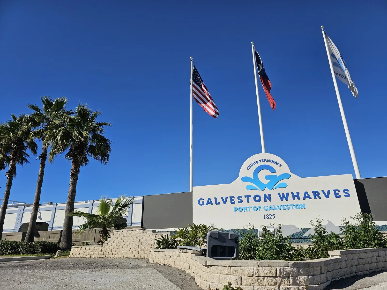 Galveston Wharves Port of Galveston cruise terminals entrance sign