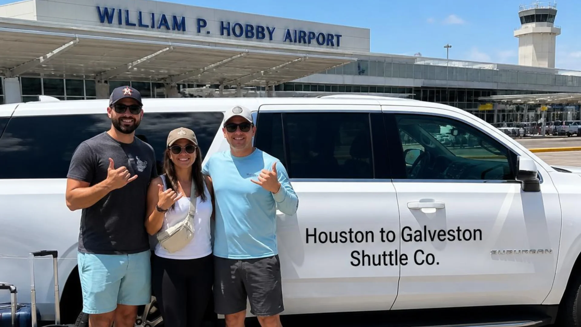 Passengers beside a Houston to Galveston Shuttle Co. private Suburban at William P. Hobby Airport
