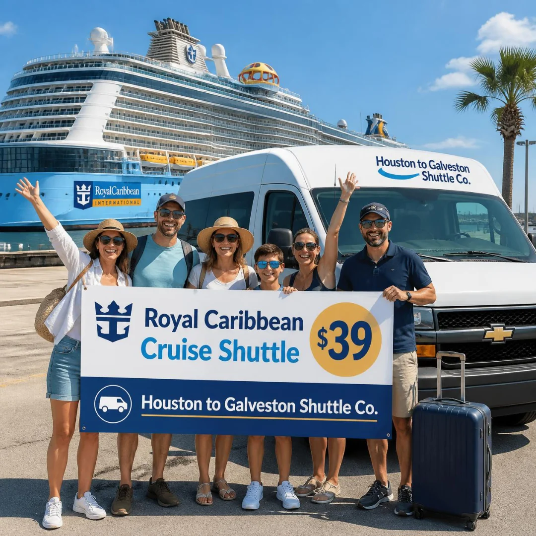 A family holding a Royal Caribbean cruise shuttle $39 banner beside a white Houston to Galveston Shuttle Co. van at Galveston Cruise Terminal 10
