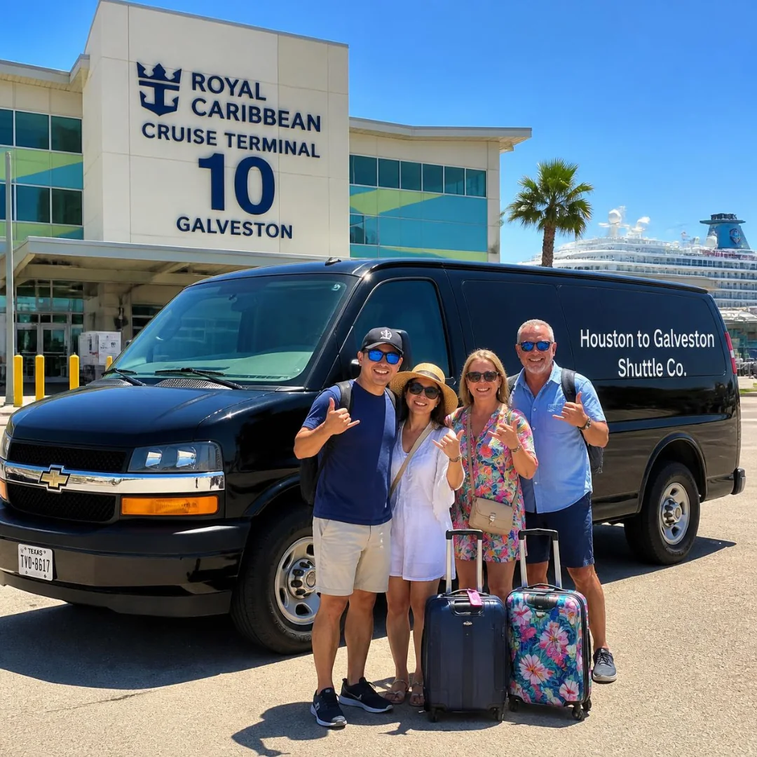 Cruise passengers beside a black Houston to Galveston Shuttle Co. van outside Royal Caribbean Cruise Terminal 10, Galveston