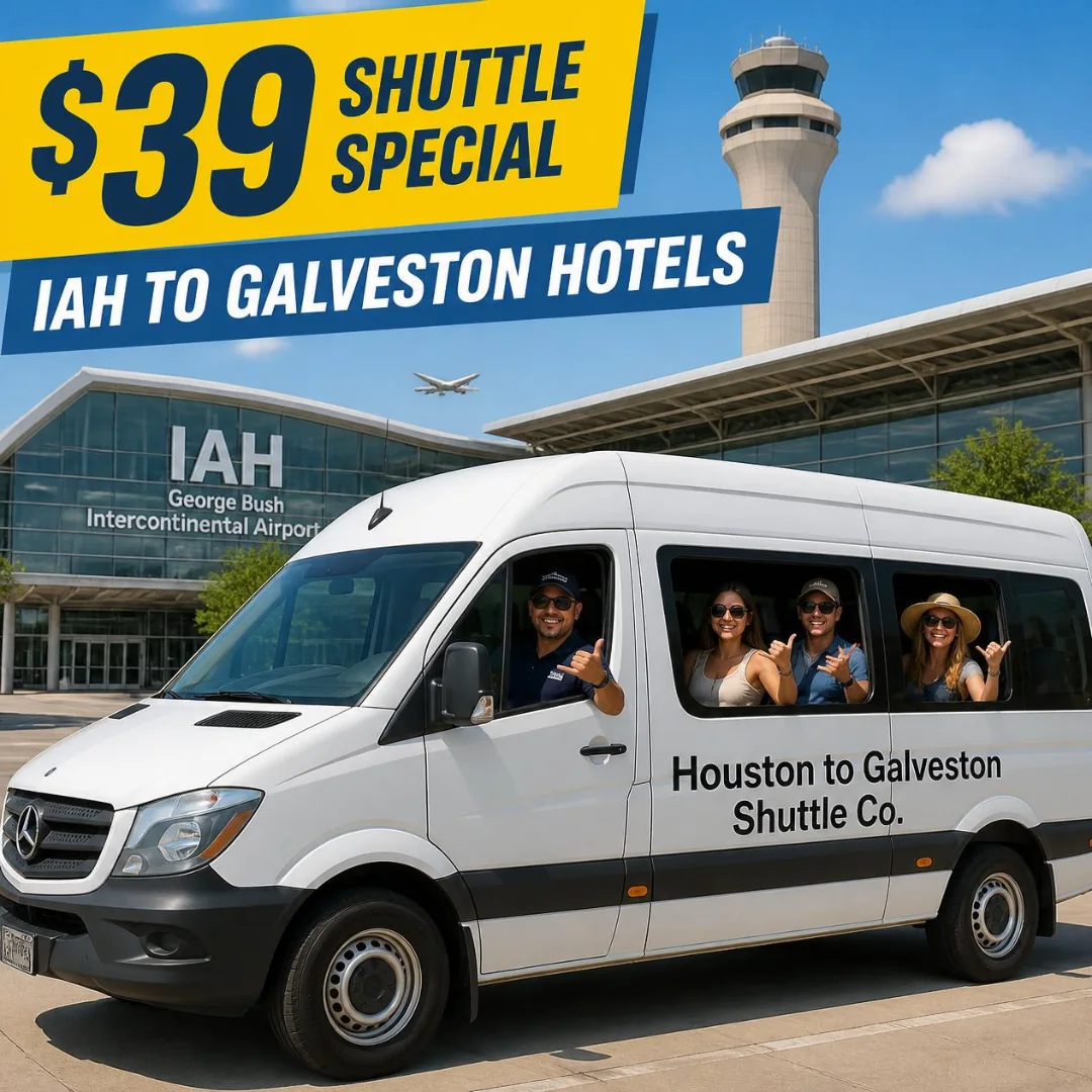 Houston to Galveston Shuttle Co. van at George Bush Intercontinental Airport for the $39 IAH to Galveston hotels transfer