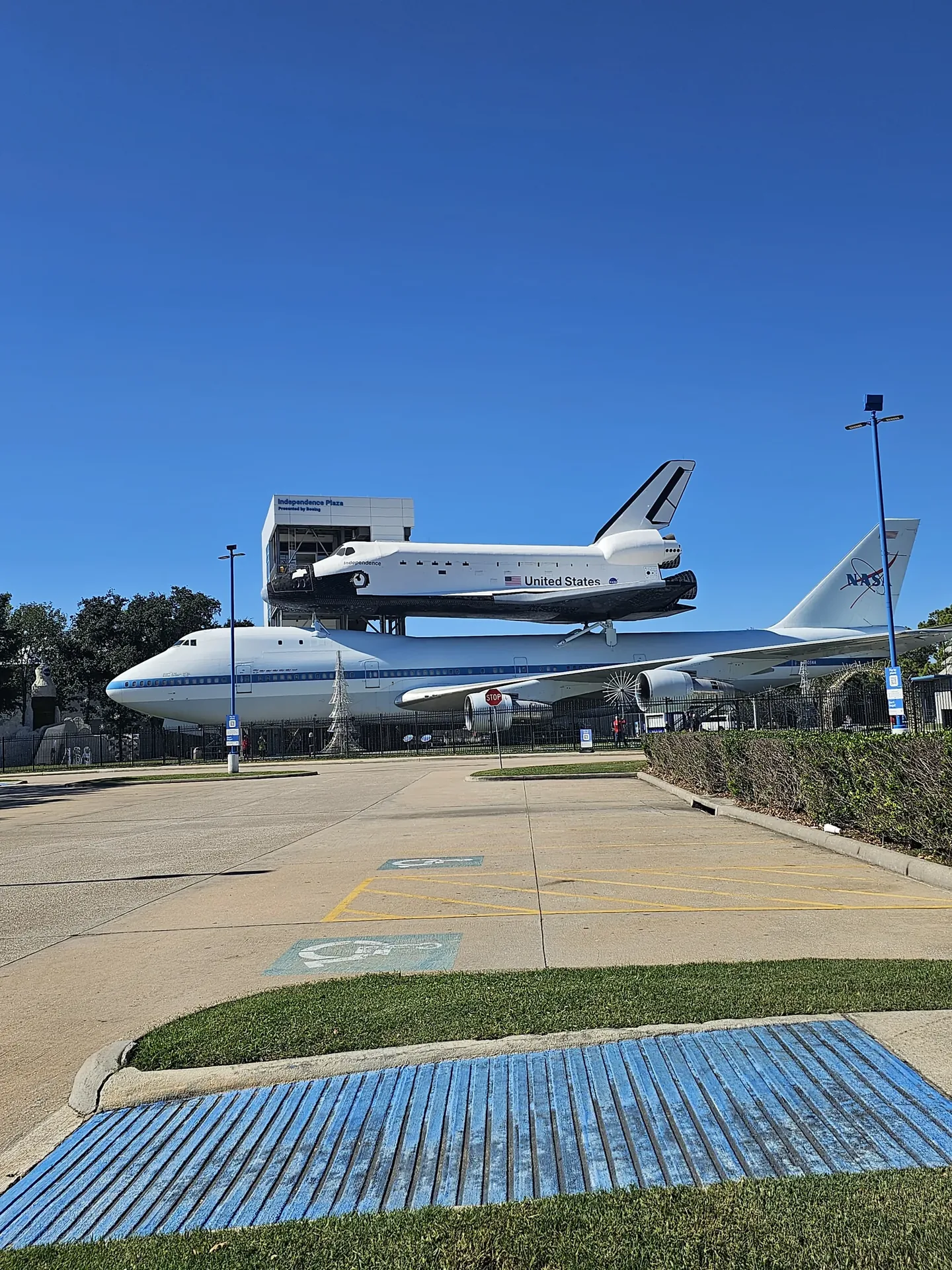 Space Shuttle Independence mounted on the NASA 747 carrier aircraft at Independence Plaza, Space Center Houston